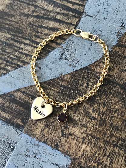Gold Girls Charm Bracelet Handstamped Bracelet Heart Bracelet Personalized Bracelet Charm Bracelet Bracelet for Girl Birthstone Jewelry