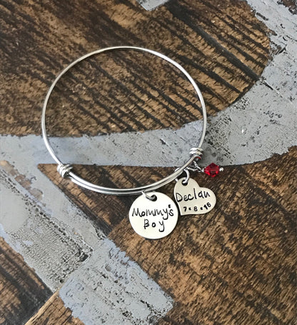 Mommys Boy Bangle Hand Stamped Bracelet Grandmother Gift Mother's Day Jewelry Gift for Mom Personalized Jewelry Custom Bangle New Mom Bangle