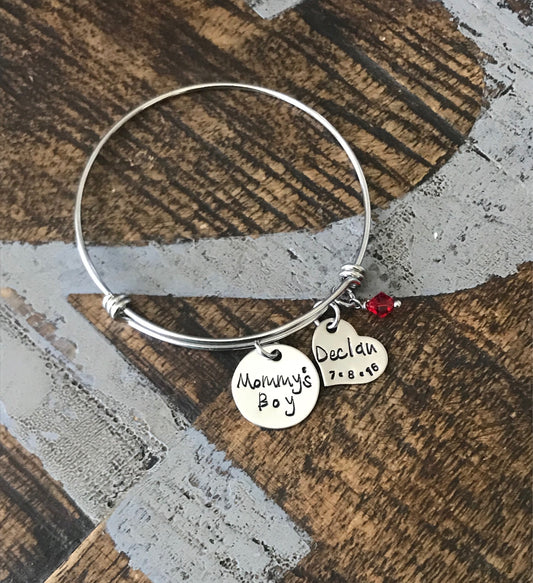 Mommys Boy Bangle Hand Stamped Bracelet Grandmother Gift Mother's Day Jewelry Gift for Mom Personalized Jewelry Custom Bangle New Mom Bangle