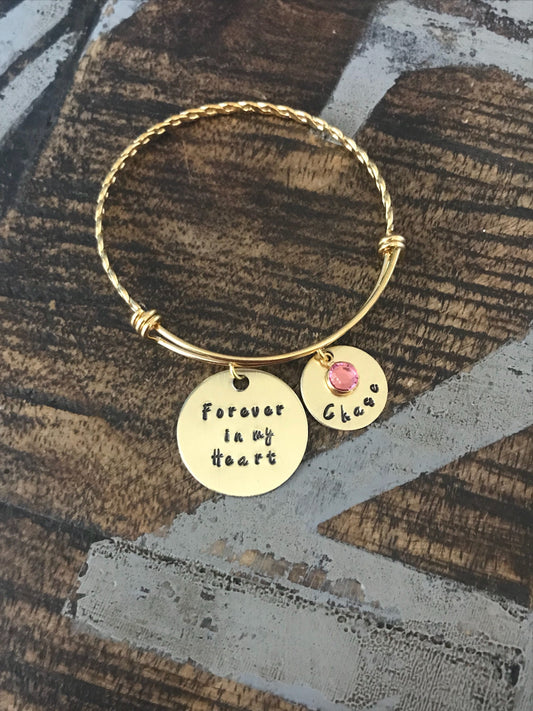 Forever in my Heart Bracelet Memorial Jewelry Sympathy Bangle Handstamped Bangle Personalize Jewelry Mothers Day Gift Gold Bangle