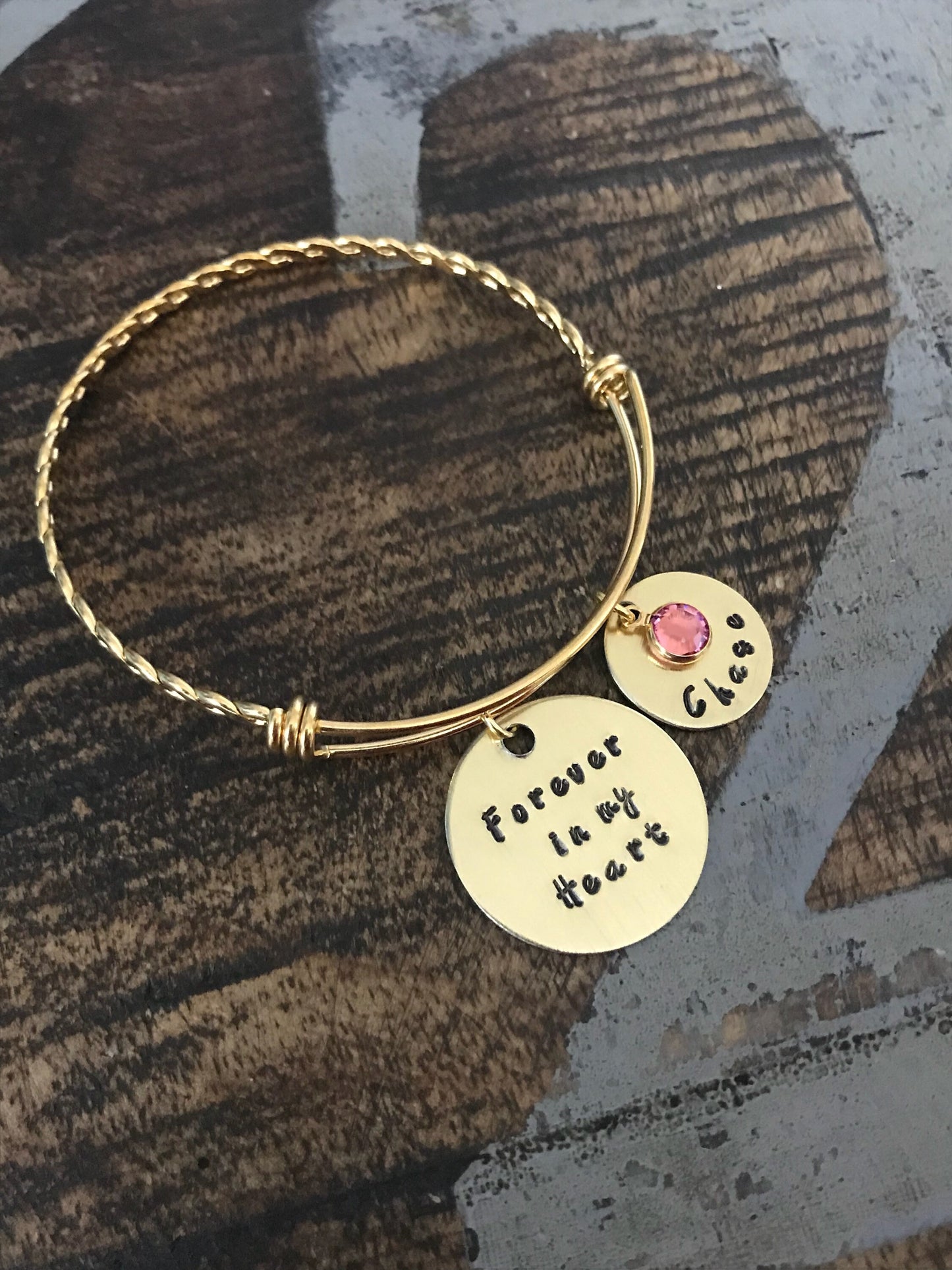 Forever in my Heart Bracelet Memorial Jewelry Sympathy Bangle Handstamped Bangle Personalize Jewelry Mothers Day Gift Gold Bangle