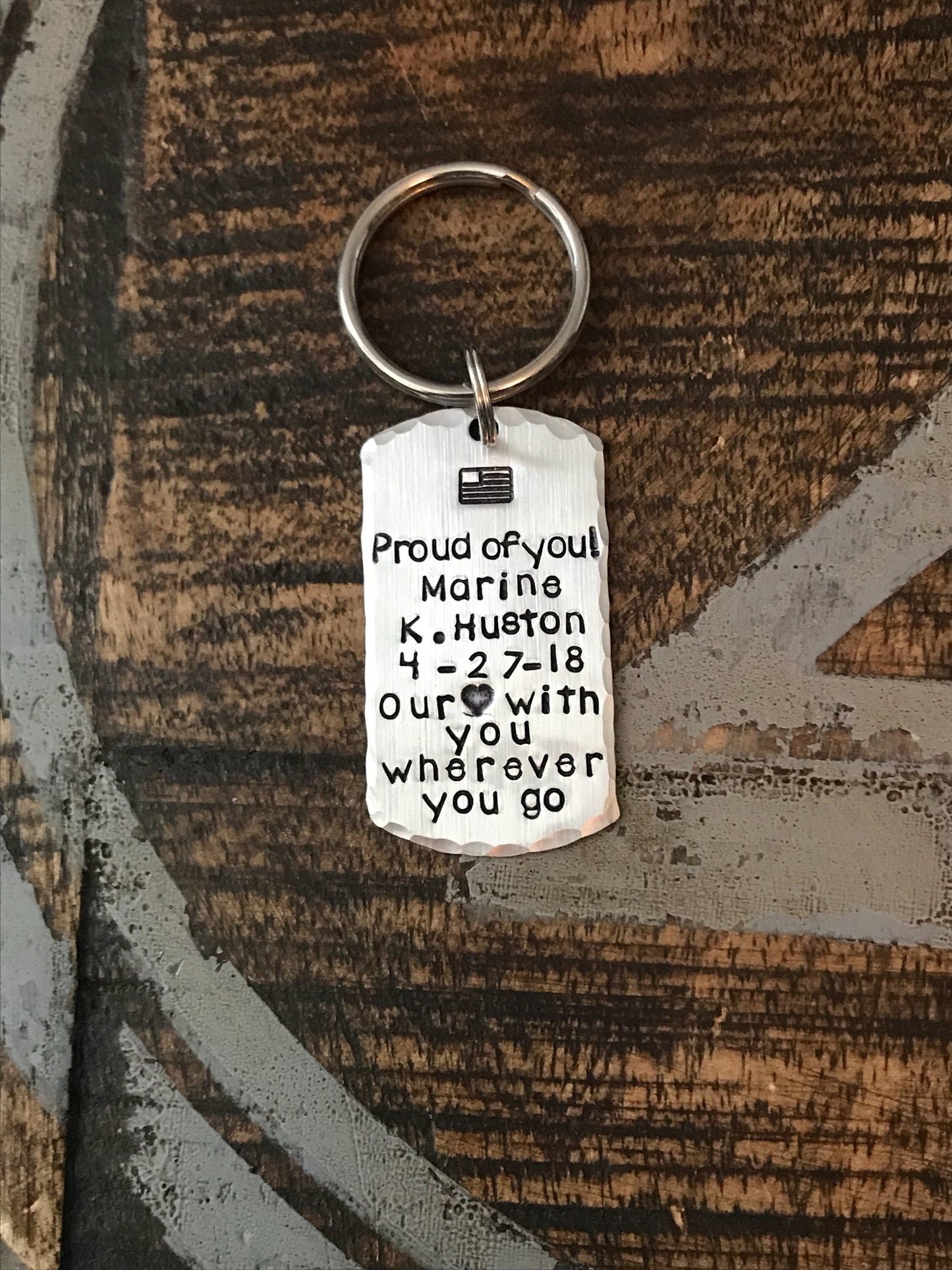 Military Dogtag Key Chain Military Graduation Keychain Hand Stamped Keychain Deployment Keychain USA Flag Keychain Military Keychain