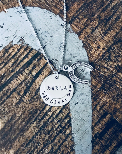 Cheer Mom Necklace Handstamped Necklace Megaphone Necklace Custom Jewelry Personalized Necklace Gift for Mom Cheerleader Gift Team Coach