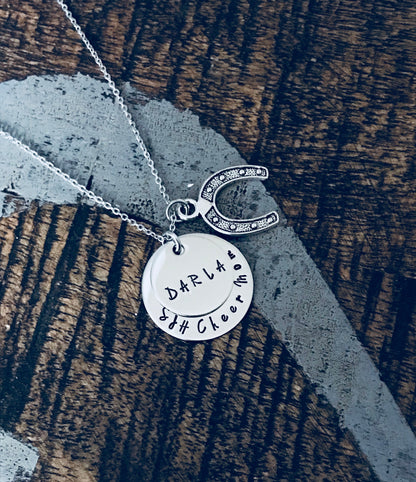Cheer Mom Necklace Handstamped Necklace Megaphone Necklace Custom Jewelry Personalized Necklace Gift for Mom Cheerleader Gift Team Coach