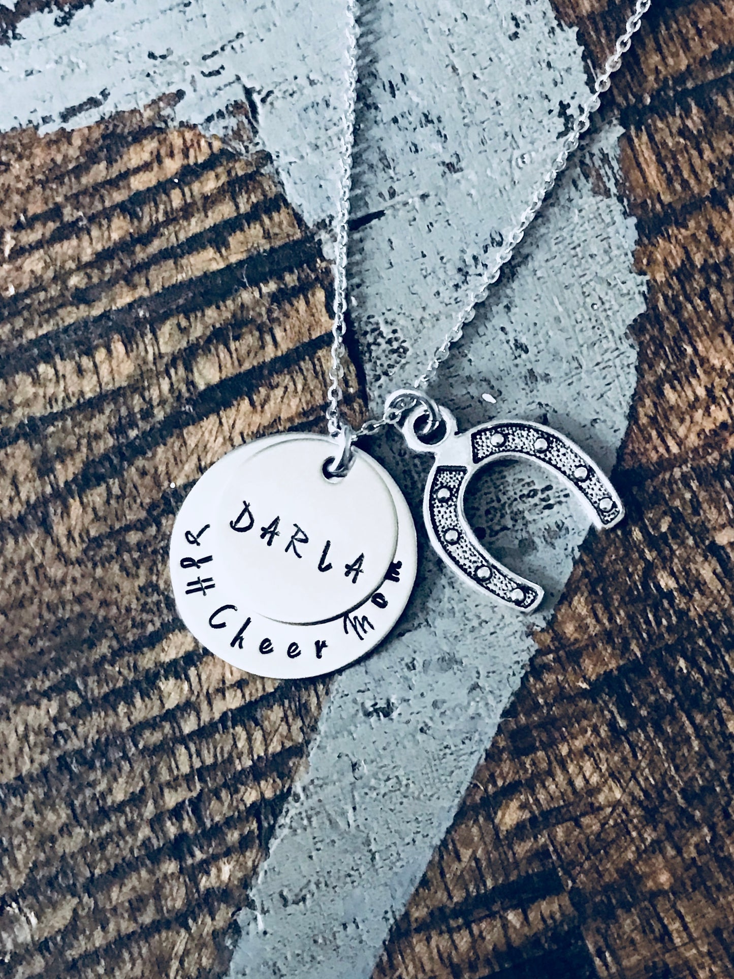 Cheer Mom Necklace Handstamped Necklace Megaphone Necklace Custom Jewelry Personalized Necklace Gift for Mom Cheerleader Gift Team Coach