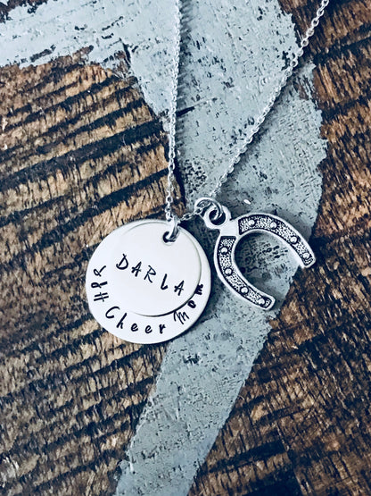 Cheer Mom Necklace Handstamped Necklace Megaphone Necklace Custom Jewelry Personalized Necklace Gift for Mom Cheerleader Gift Team Coach
