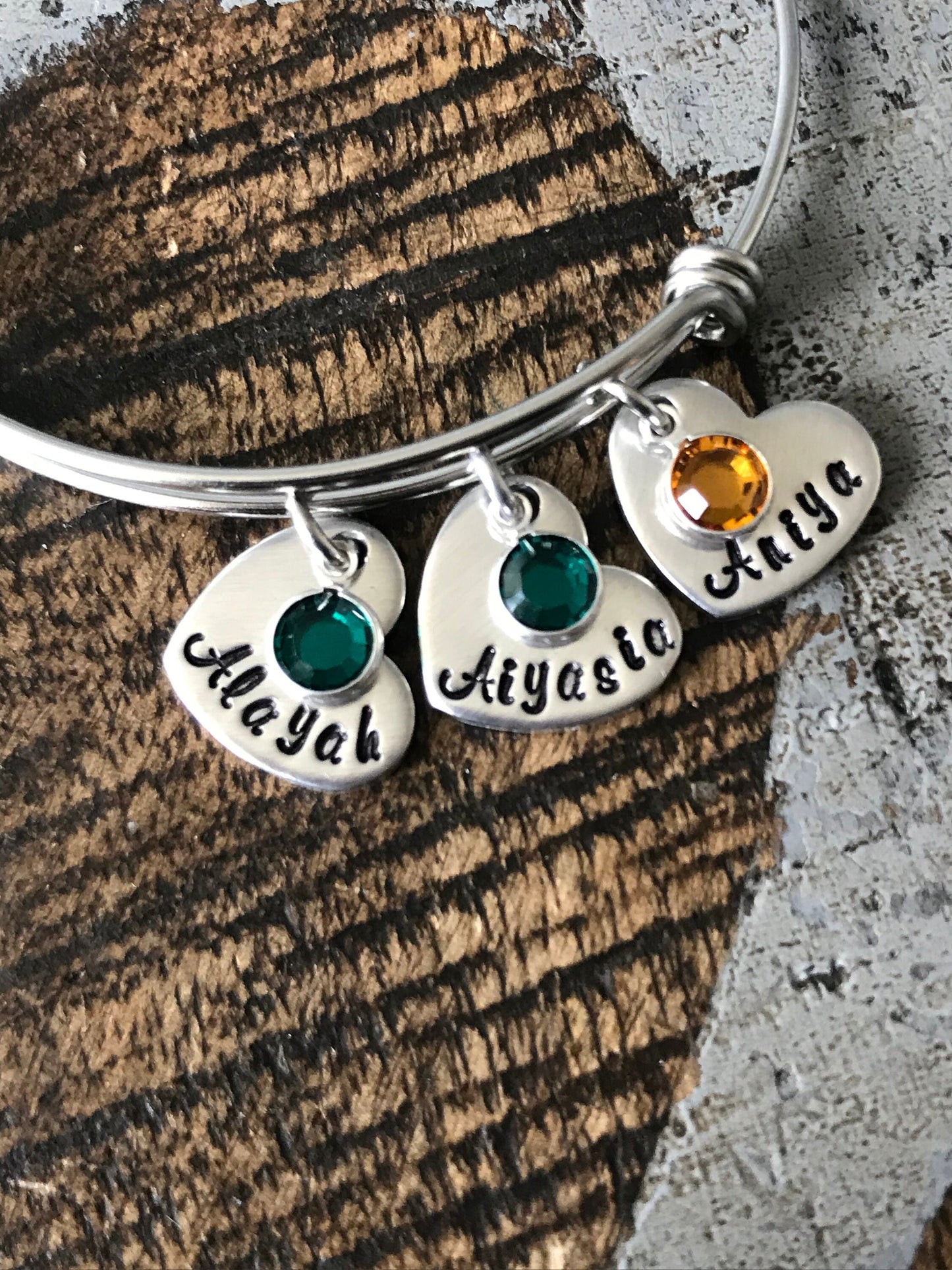 Personalized Heart Charm Bangle Grandma Bangle Grandchild Bracelet Handstamped Jewelry Mom Charm Bracelet Grandma Gift Mothers Day Gift