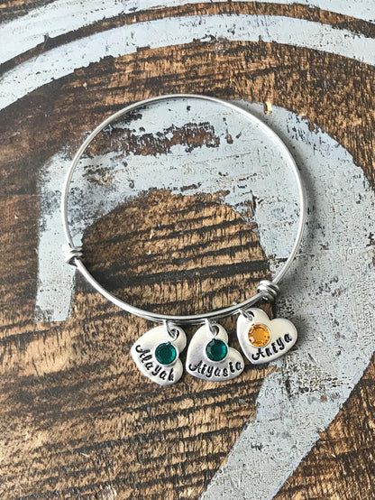 Personalized Heart Charm Bangle Grandma Bangle Grandchild Bracelet Handstamped Jewelry Mom Charm Bracelet Grandma Gift Mothers Day Gift