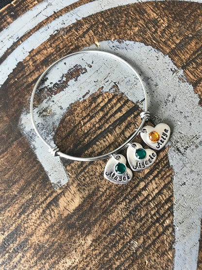 Personalized Heart Charm Bangle Grandma Bangle Grandchild Bracelet Handstamped Jewelry Mom Charm Bracelet Grandma Gift Mothers Day Gift
