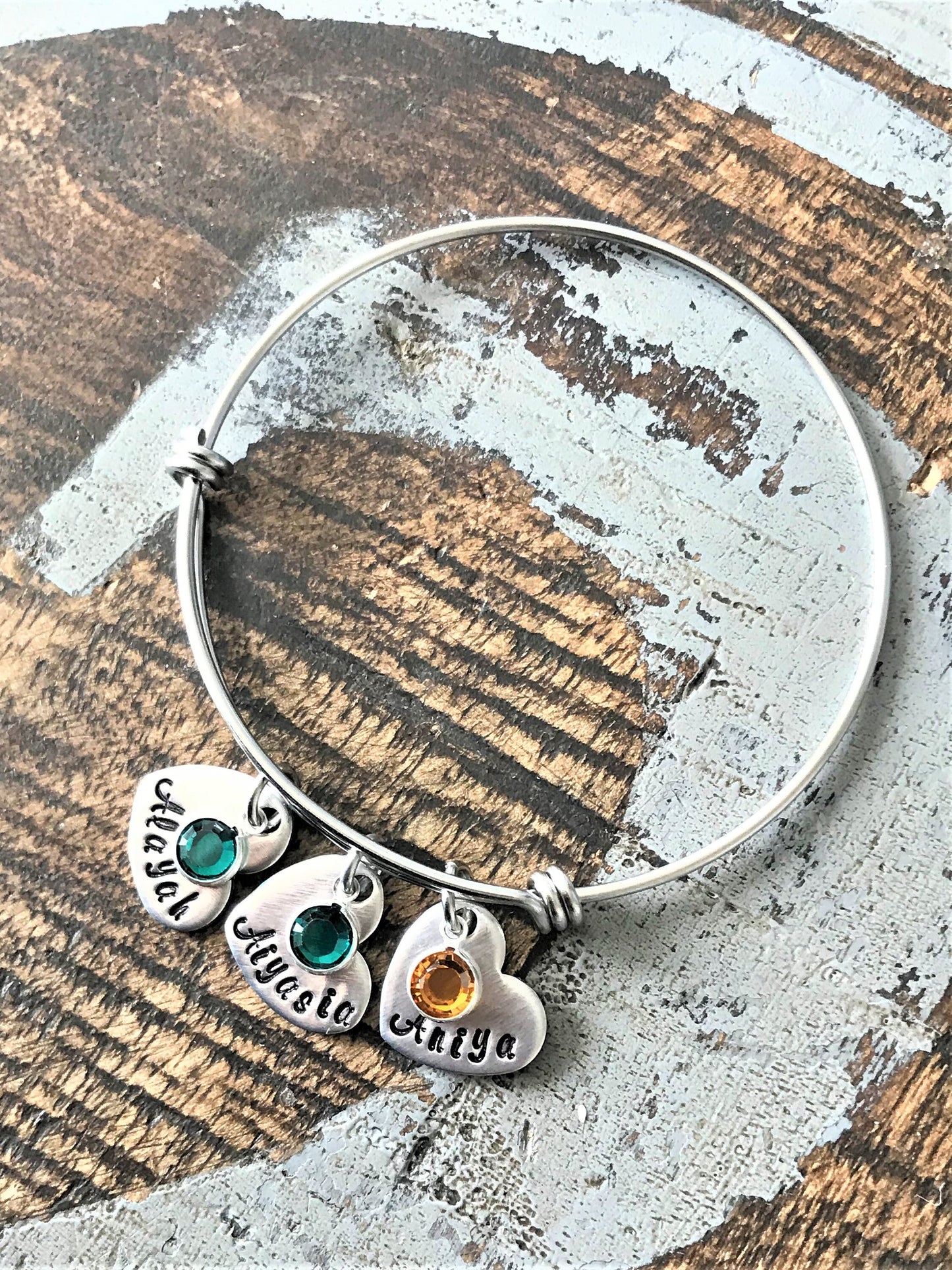 Personalized Heart Charm Bangle Grandma Bangle Grandchild Bracelet Handstamped Jewelry Mom Charm Bracelet Grandma Gift Mothers Day Gift