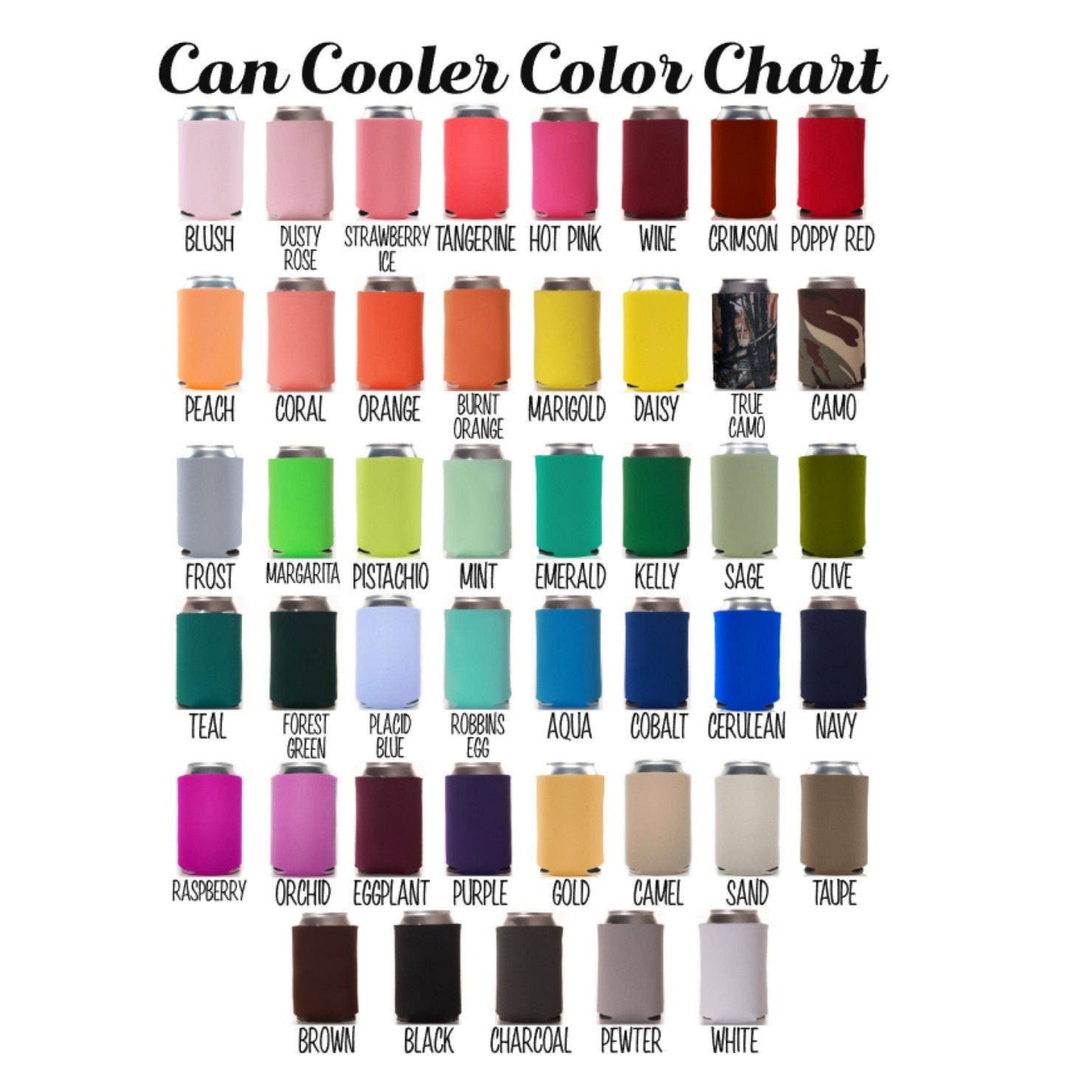 Color chart for can coolers with various colors listed.