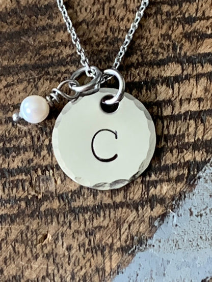 Tiny Initial Necklace Silver Letter Necklace Layering Charm Necklace Bridesmaid Jewelry Gift for Mom Initial Jewelry with Pearl Dangle
