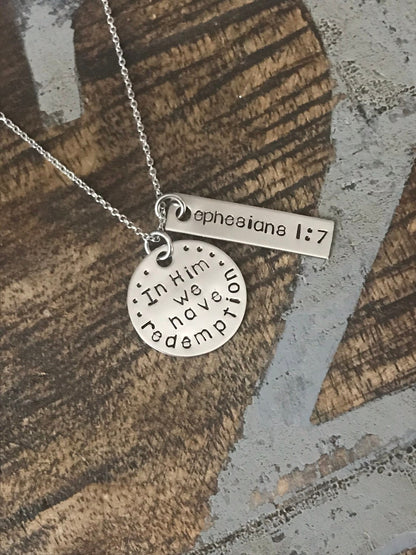 Esphesians 1:7 In Him We Have Redemption Christian Jewelry Scripture Necklace Christian Necklace Psalm Jewelry Psalm Necklace Faith