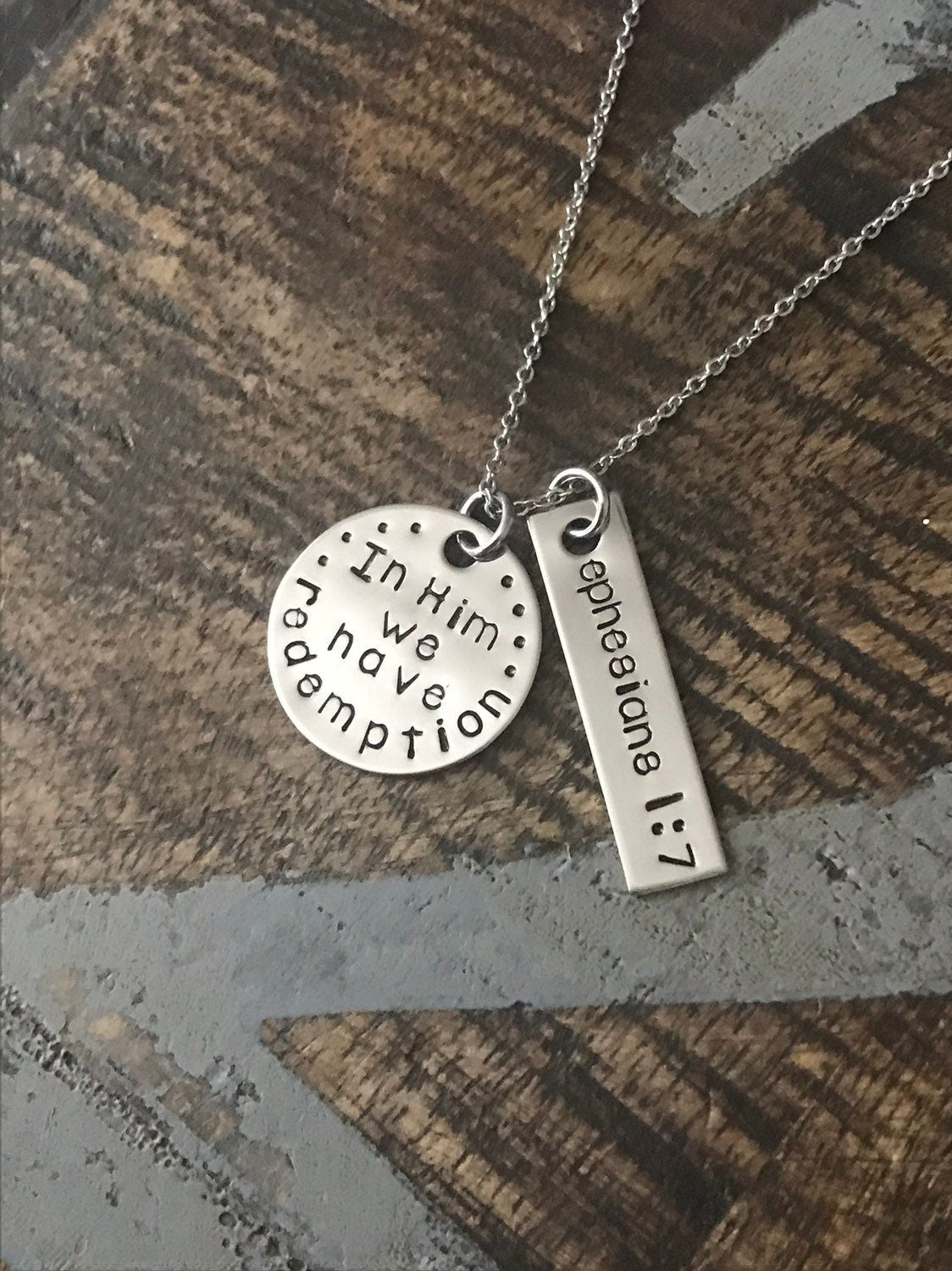 Esphesians 1:7 In Him We Have Redemption Christian Jewelry Scripture Necklace Christian Necklace Psalm Jewelry Psalm Necklace Faith