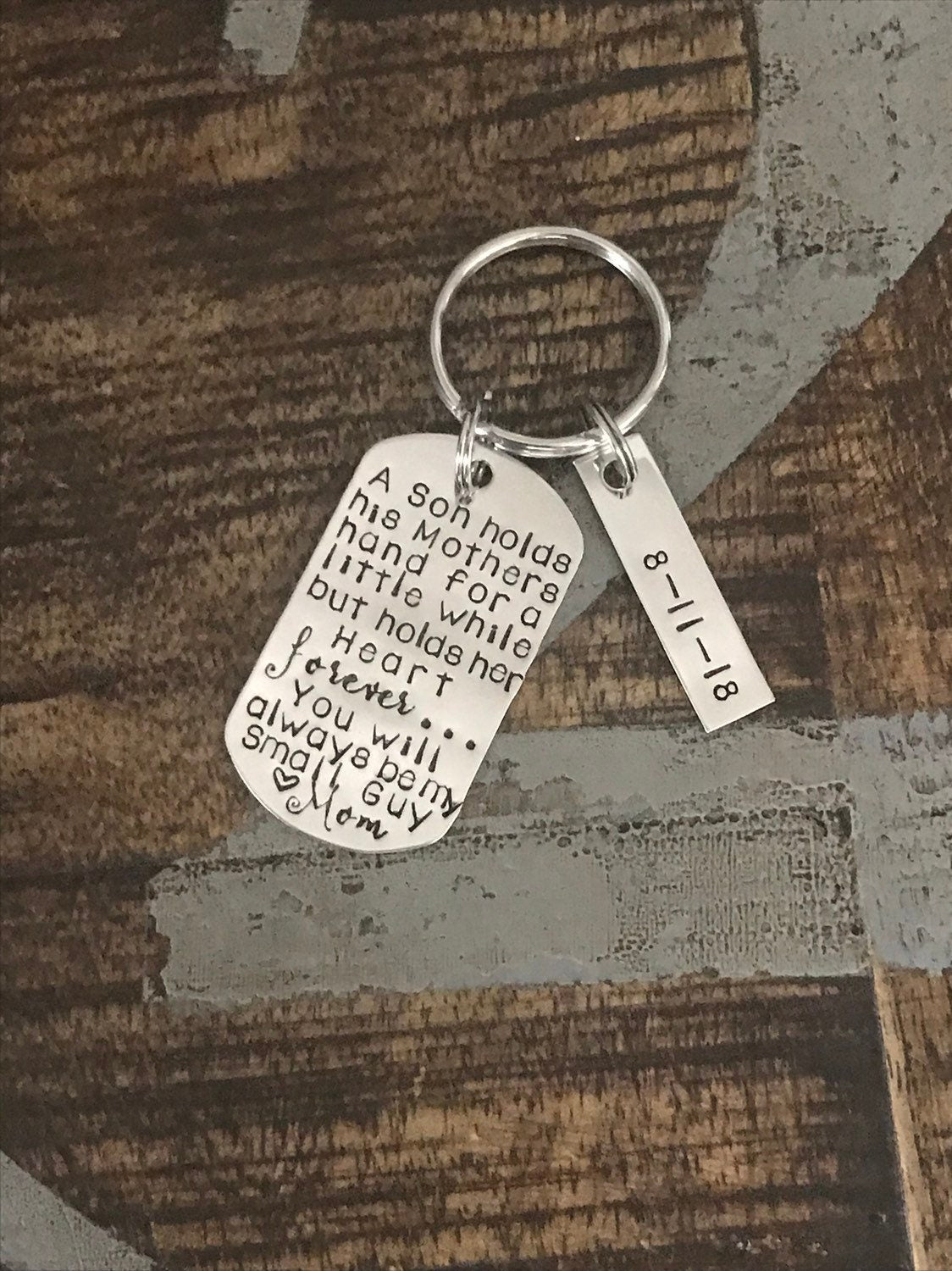 Gift to Son from Mom Special Message Keychain Handstamped Keychain Personalized Keychain Custom Keychain Silver Keychain Gift Keychain