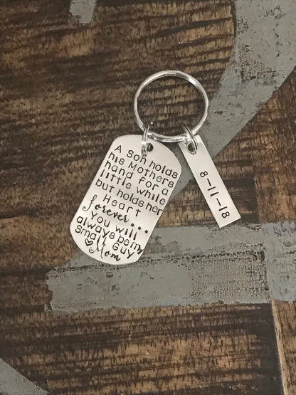 Gift to Son from Mom Special Message Keychain Handstamped Keychain Personalized Keychain Custom Keychain Silver Keychain Gift Keychain