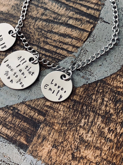 Mom Bracelet Gift for Mom Handstamped Charm Bracelet Mother of the Bride Bracelet Personalized Bracelet Quote Bracelet Mother Daughter Gift