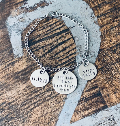 Mom Bracelet Gift for Mom Handstamped Charm Bracelet Mother of the Bride Bracelet Personalized Bracelet Quote Bracelet Mother Daughter Gift