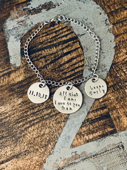Mom Bracelet Gift for Mom Handstamped Charm Bracelet Mother of the Bride Bracelet Personalized Bracelet Quote Bracelet Mother Daughter Gift