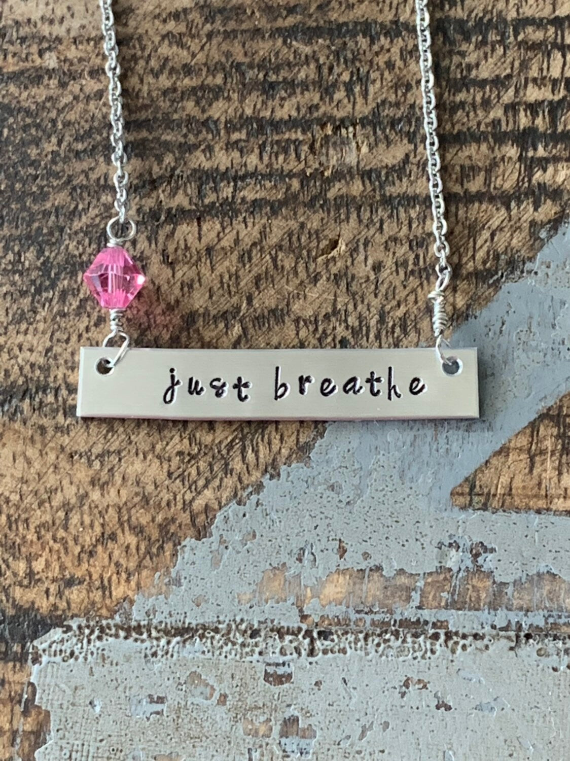 Just Breathe Bar Necklace Inspirational Jewelry Hand Stamped Necklace Simple Layering Necklace Breathe Necklace