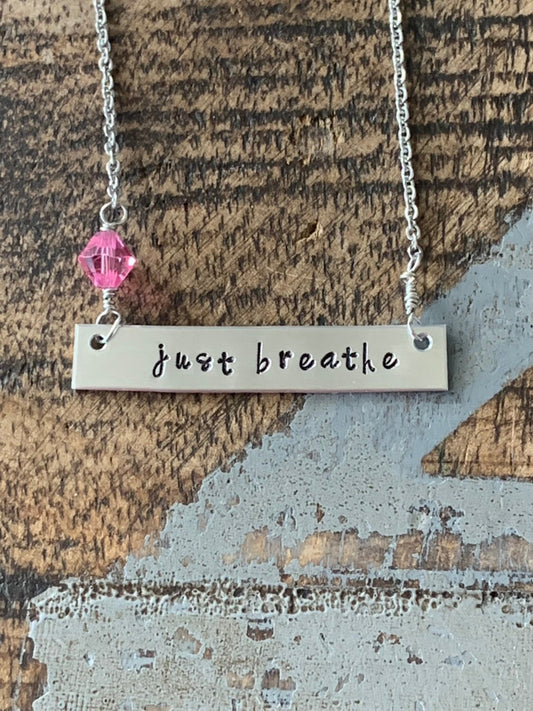 Just Breathe Bar Necklace Inspirational Jewelry Hand Stamped Necklace Simple Layering Necklace Breathe Necklace