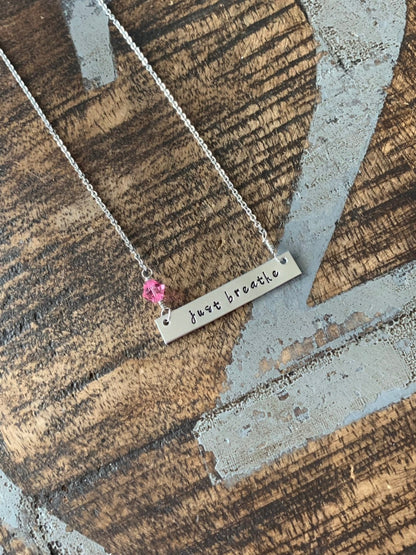 Just Breathe Bar Necklace Inspirational Jewelry Hand Stamped Necklace Simple Layering Necklace Breathe Necklace