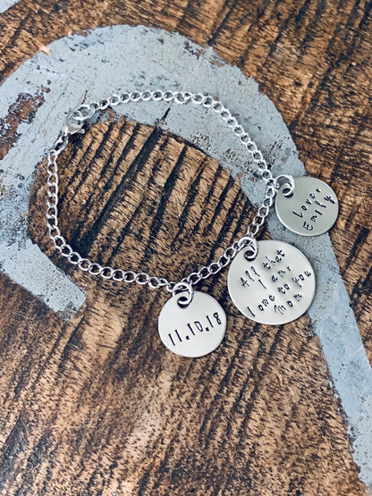 Mom Bracelet Gift for Mom Handstamped Charm Bracelet Mother of the Bride Bracelet Personalized Bracelet Quote Bracelet Mother Daughter Gift