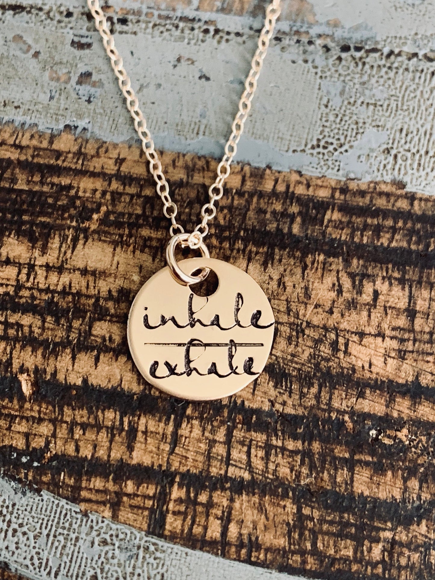 Gold Handstamped Necklace Gold Mom Necklace inhale exhale Necklace Gift for Mom Gold filled Jewelry Gold Name Jewelry 14K Gold