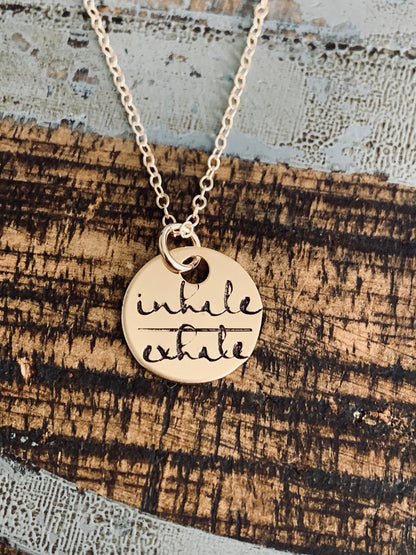 Gold Handstamped Necklace Gold Mom Necklace inhale exhale Necklace Gift for Mom Gold filled Jewelry Gold Name Jewelry 14K Gold