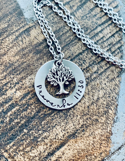 Proverbs 11:30 Necklace Christian necklace family tree jewelry Handstamped necklace Christening gift Baptism Jewelry
