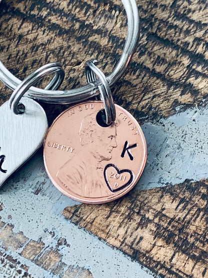 Mom Penny Keychain Personalized Keychain with Year and initials Mom Gift Nana Keychain Mimi Gift Custom Pennies Hand Stamped Penny Keychain