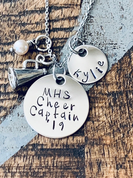 Cheerleader Necklace Varsity Cheerleader Handstamped Cheerleading Necklace Gift for Cheerleader Megaphone Necklace Custom Necklace