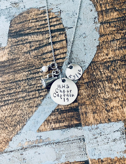 Cheerleader Necklace Varsity Cheerleader Handstamped Cheerleading Necklace Gift for Cheerleader Megaphone Necklace Custom Necklace