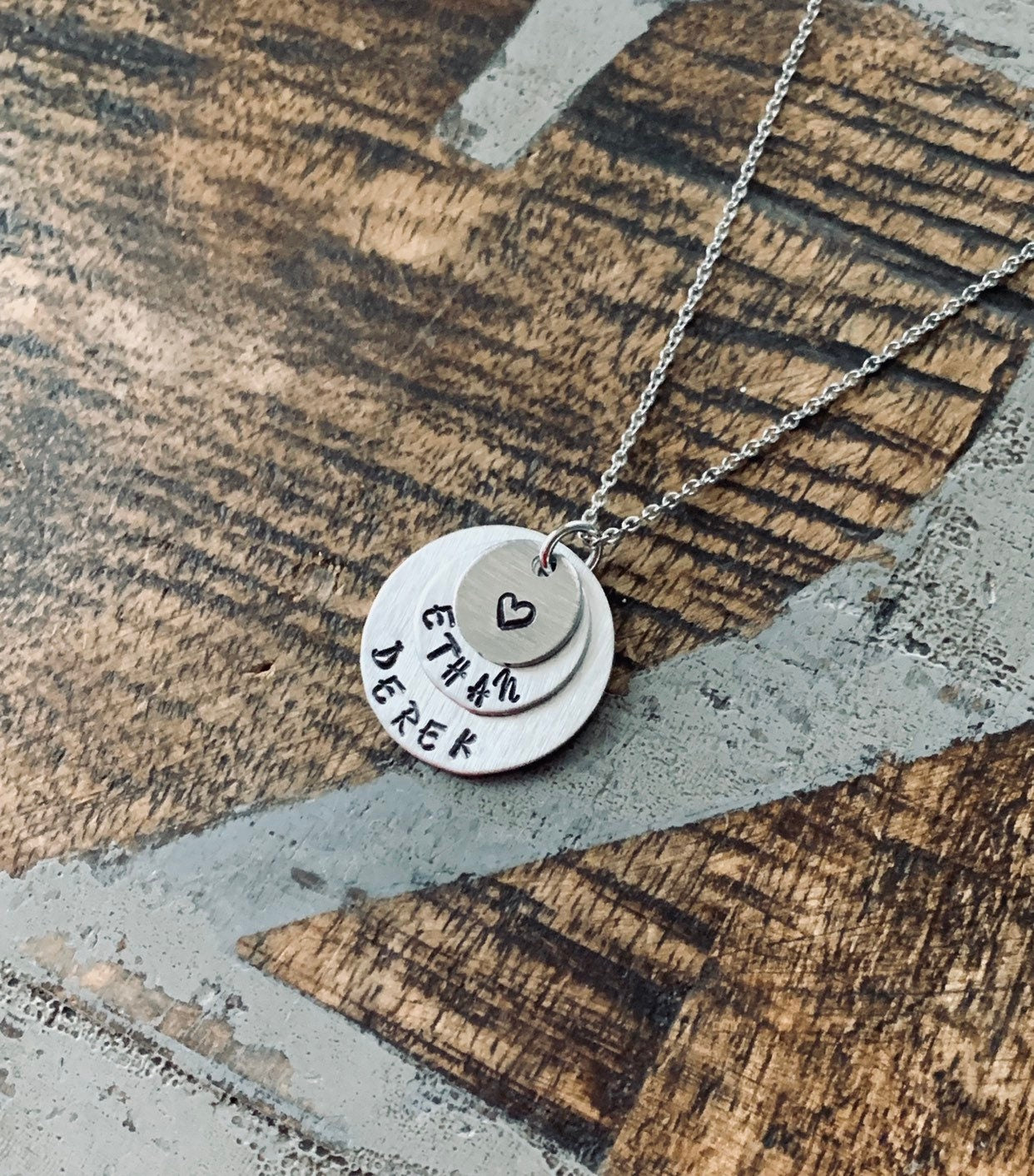 Mom Necklace Handstamped Necklace Heart Necklace Silver Layered Necklace Name Necklace Mothers Day Jewelry Gift for Mom Handstamped Jewelry
