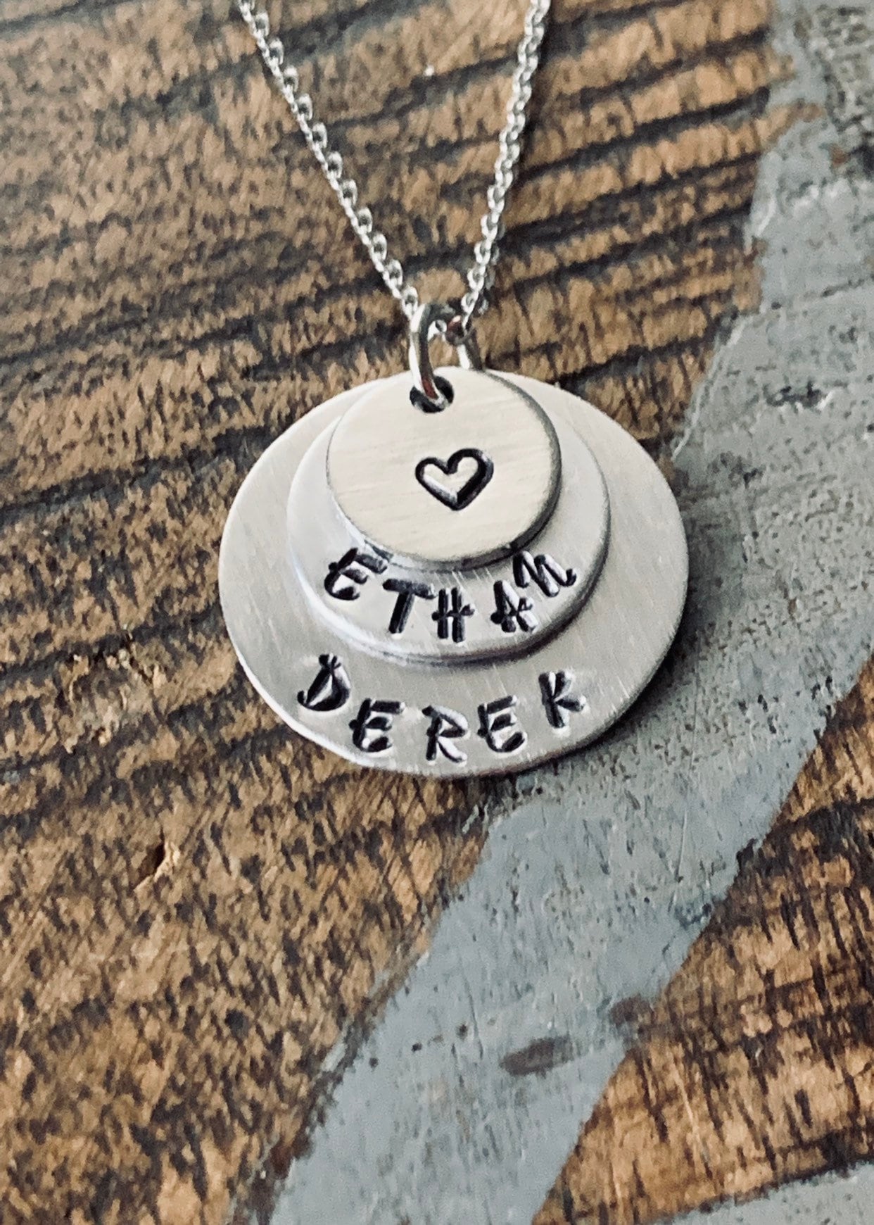 Mom Necklace Handstamped Necklace Heart Necklace Silver Layered Necklace Name Necklace Mothers Day Jewelry Gift for Mom Handstamped Jewelry