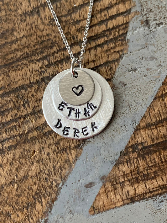 Mom Necklace Handstamped Necklace Heart Necklace Silver Layered Necklace Name Necklace Mothers Day Jewelry Gift for Mom Handstamped Jewelry