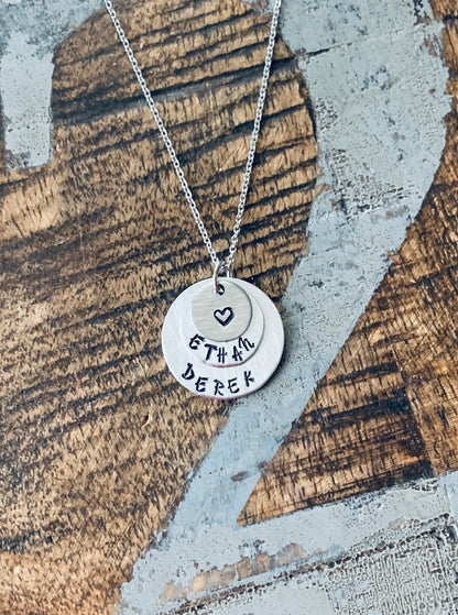 Mom Necklace Handstamped Necklace Heart Necklace Silver Layered Necklace Name Necklace Mothers Day Jewelry Gift for Mom Handstamped Jewelry
