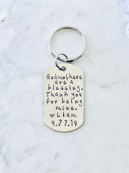 Godmother Keychain Baptism Gift Christening Keychain Handstamped Keychain Custom Keychain Godmothers Are A Blessing Gift