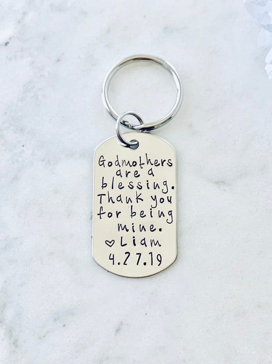 Godmother Keychain Baptism Gift Christening Keychain Handstamped Keychain Custom Keychain Godmothers Are A Blessing Gift