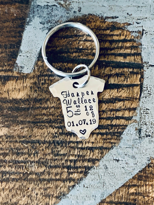 Silver Onesie Keychain Baby Announcement Baby Statistics Keychain New Baby Gift for Dad Baby Gift for Mom Baby Weight Time Date Keepsake Bab