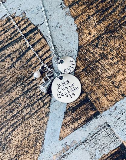 Cheerleader Necklace Varsity Cheerleader Handstamped Cheerleading Necklace Gift for Cheerleader Megaphone Necklace Custom Necklace
