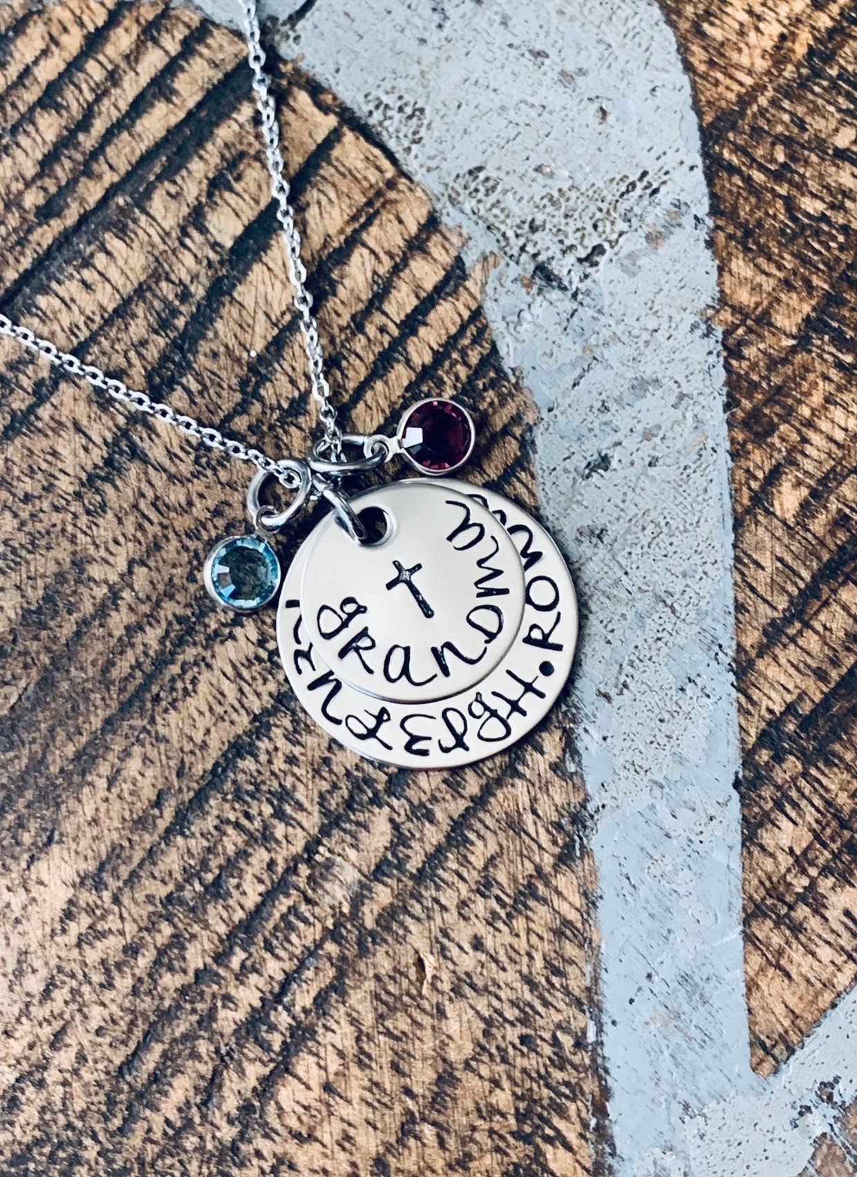 Grandma Necklace Cross Necklace Grandchild Necklace Personalized Necklace Personalized Jewelry Handstamped Necklace Birthstone Necklace