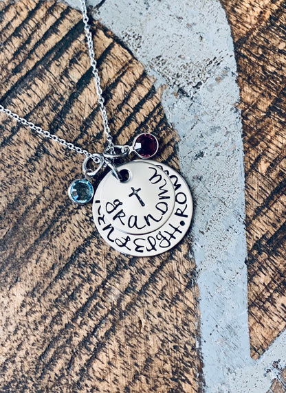 Grandma Necklace Cross Necklace Grandchild Necklace Personalized Necklace Personalized Jewelry Handstamped Necklace Birthstone Necklace