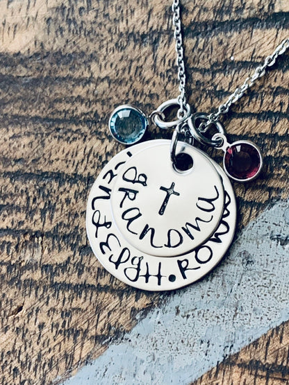 Grandma Necklace Cross Necklace Grandchild Necklace Personalized Necklace Personalized Jewelry Handstamped Necklace Birthstone Necklace