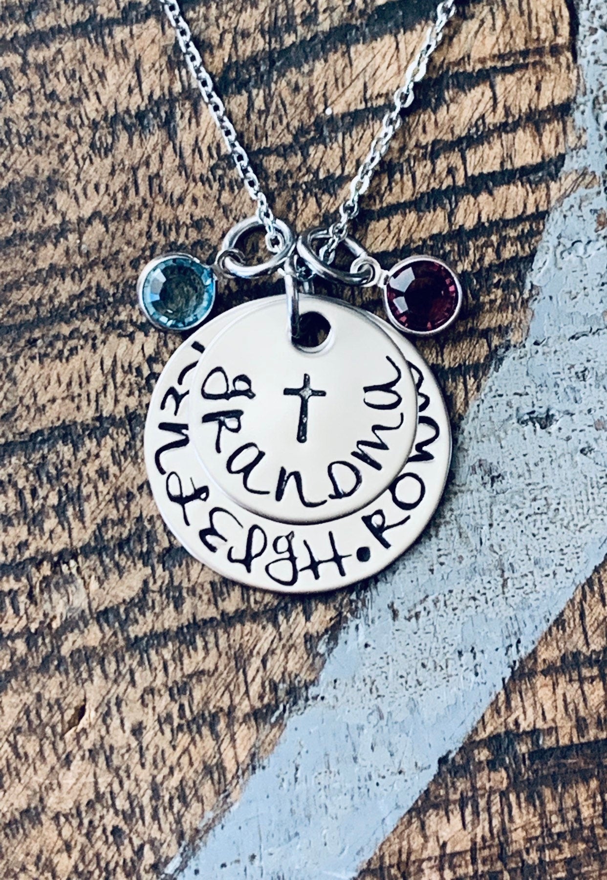 Grandma Necklace Cross Necklace Grandchild Necklace Personalized Necklace Personalized Jewelry Handstamped Necklace Birthstone Necklace