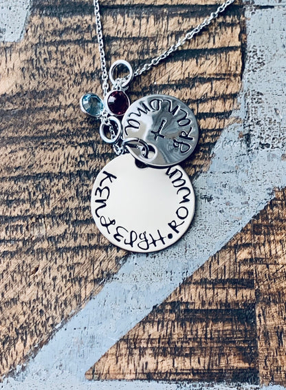 Grandma Necklace Cross Necklace Grandchild Necklace Personalized Necklace Personalized Jewelry Handstamped Necklace Birthstone Necklace