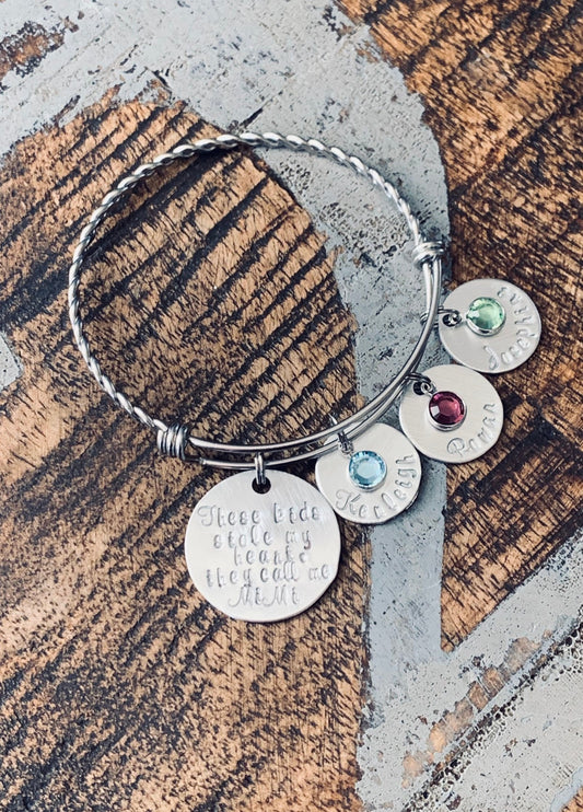 These kids stole my heart Silver Mom bangle Nana bangle Grandma bracelet Handstamped Jewelry Adjustable Bangle Name Bracelet Gift for Mom