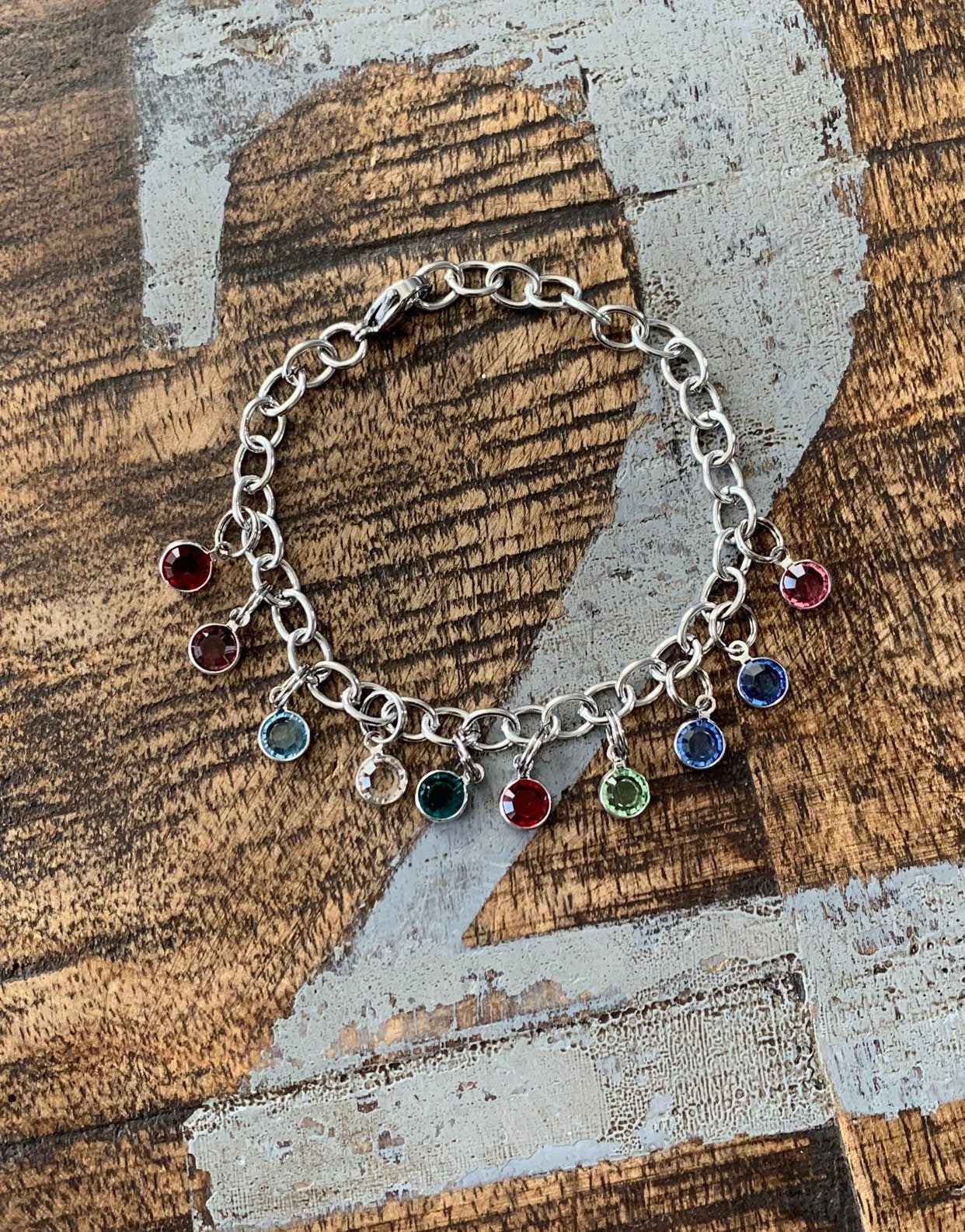 Birthstone Charm Bracelet Grandma Bracelet Grandchild Bracelet Handstamped Jewelry Mom Charm Bracelet Grandma Gift Mothers