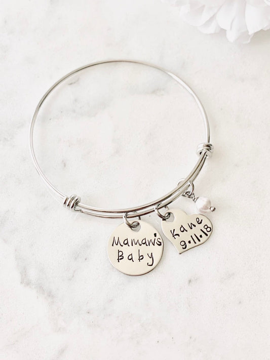 Mamaw Hand Stamped Bracelet Grandmother Gift Mother's Day Jewelry Gift for Mamaw Personalized Jewelry Custom Bangle Mamaw's Baby