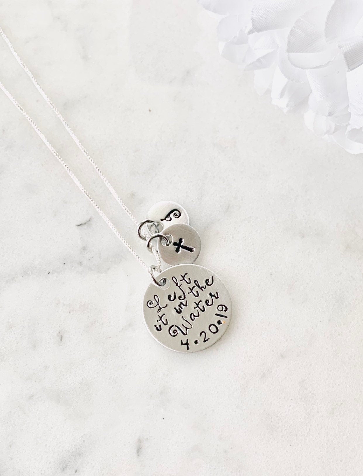 Baptism Gift Christian Jewelry Left it in the Water Baptism Necklace with Custom Baptized Date Hand Stamped Religious Jewelry for Her
